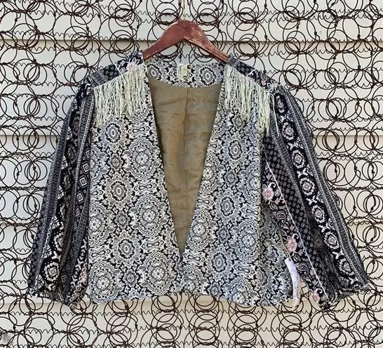 Gimmicks by BKE western boho batik fringe open front jacket LARGE NWT