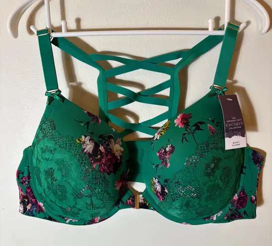 Cacique NWT Seriously Sexy Emerald Floral Boost Plunge Bra 46C Lattice Back