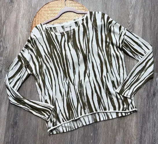 Garnet Hill silk & cotton olive green zebra artsy stripe boxy sweater women’s S