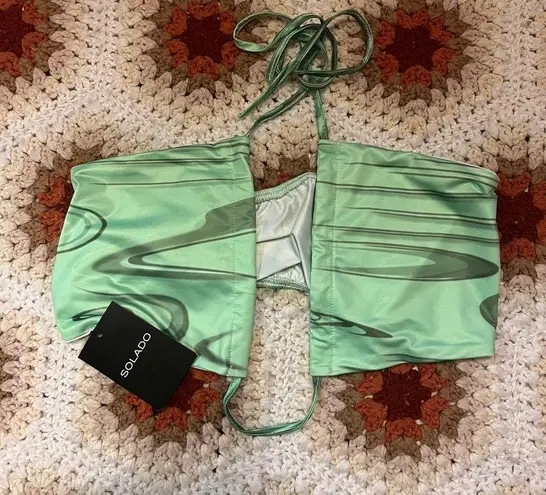 Satin Crisscross Halter Neck Backless Corset Top Green Size L