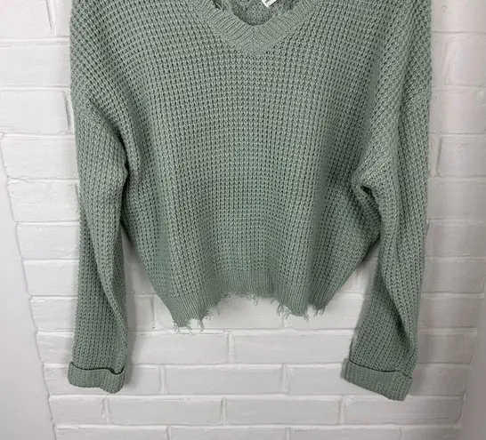 The Moon  & Madison Seafoam Sage Green Cropped Raw Hem Knit Sweater Size XS