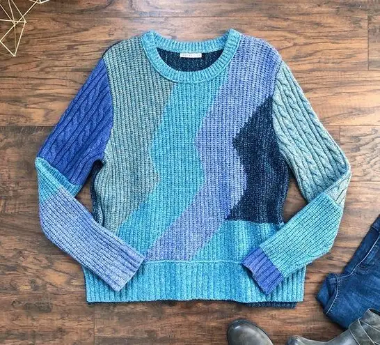 Anthropologie Zaket & Plover • Anthro color block sweater blue green wool chunky knit pullover