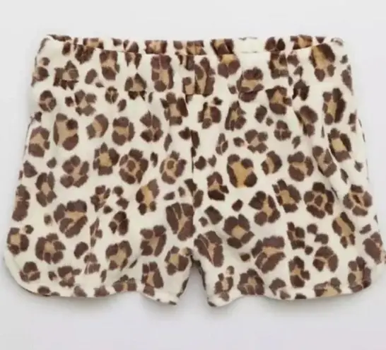 Aerie  Sherpa Boxer Fuzzy Soft Sleep Lounge Shorts Leopard Print Size Medium