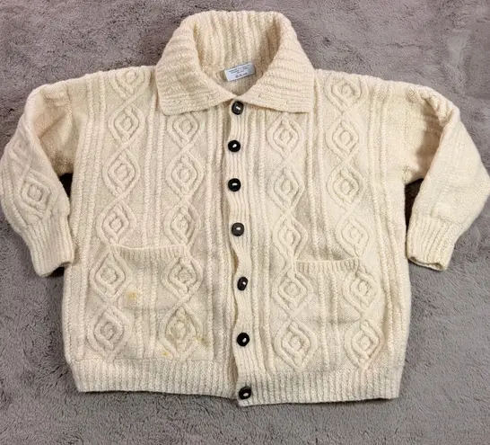 Hand Knit Wool Cable Knit Cardigan L Sweater Cleo Ireland Cream Fisherman Chunky Size L