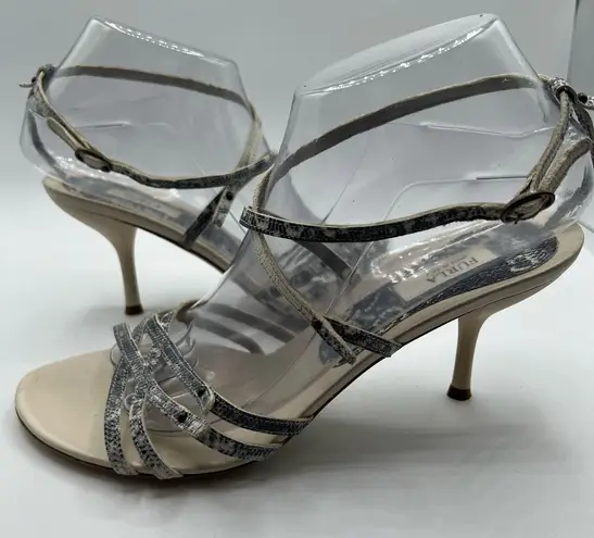 Furla Snakeskin Embossed Leather Strappy Ankle Heel Sandals Cream Size 39 US 8.5
