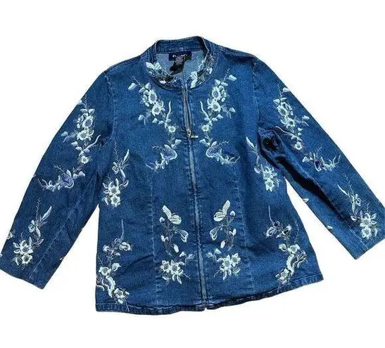 Vintage Denim & Co floral embroidered denim zip up jacket sz M womens cottagecor Blue Size M