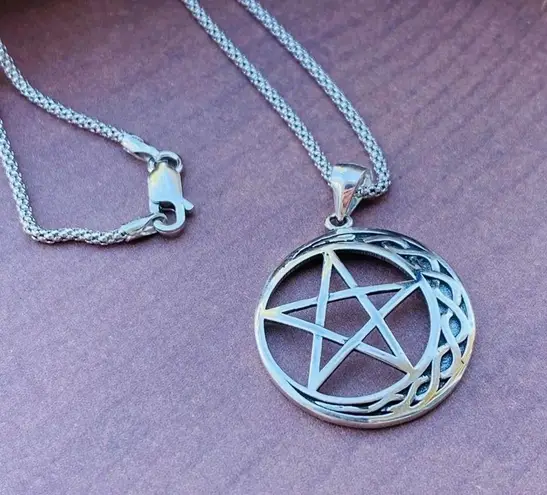 Crescent Celtic Moon And Star Sterling Silver Necklace Popcorn Chain