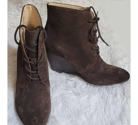 Isaac Mizrahi Live Andrea Size 8 Brown Leather Suede 3" Wedge Ankle Booties