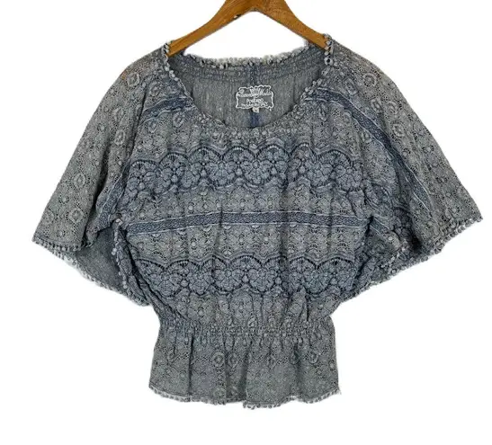 Queen Moda Women’s Blue Gray Smocked Cotton Lace Short Sleeve Blouse S
