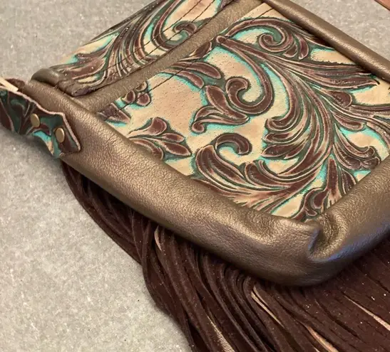 Hide Junky Metallic bronze and accents in turquoise and brown embossed crossbody purse