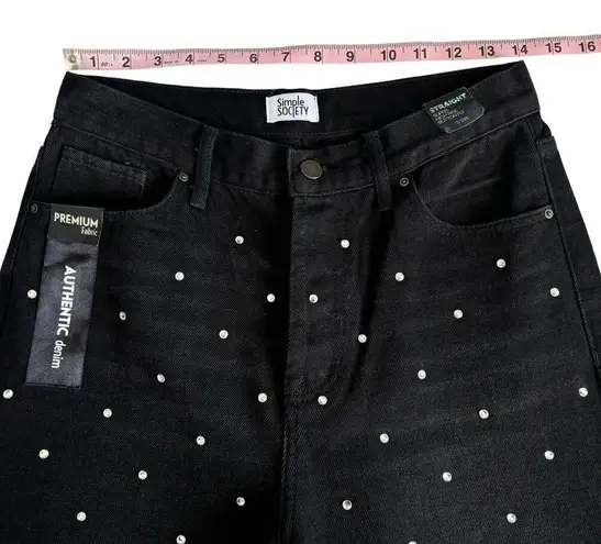 Simple Society Black Rhinestone Straight Leg Super High Rise Button Fly Jeans