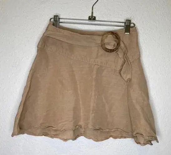 Free People  Higher Ground Flared Tan Linen Mini Skirt EUC Sz 2 Belted Side Zip