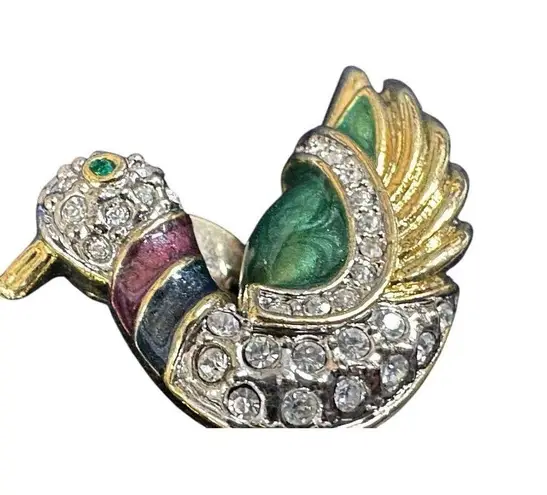 Vtg Earrings Mallard Duck Bird Jadeite Rhinestones Clip Back 1 3/8" Gold