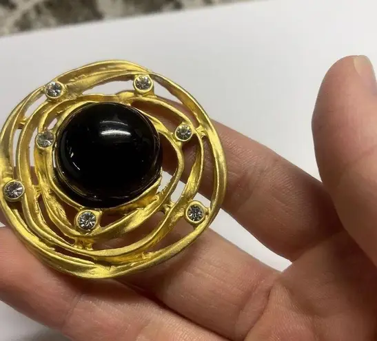 Pretty Gold Tone Black / Rhinestone Large Oversized Statement Clip On Earrings