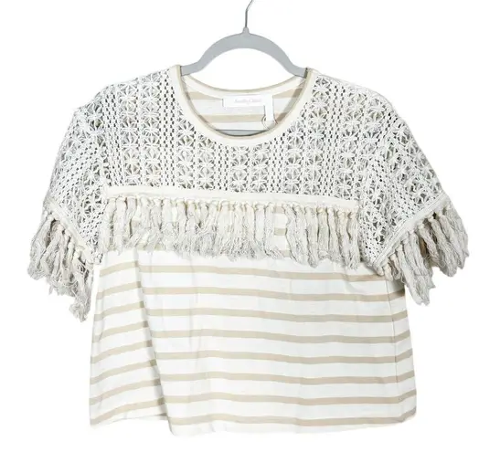 See By Chloe Short Sleeve Fringe Top Cream Stripe Tassels Size Large