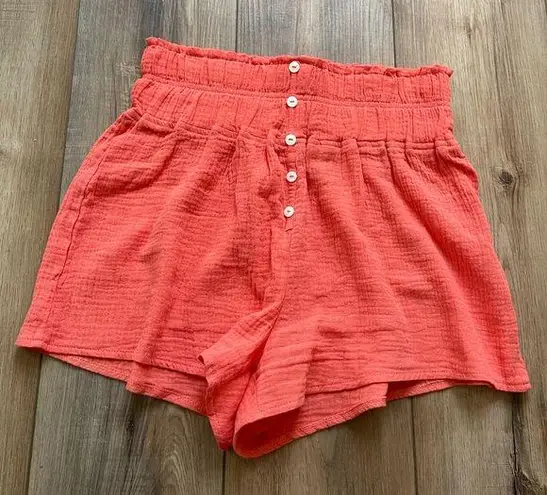 Coral Gauze Fabric High Waisted Shorts | Faux Button Placket | EUC | Size M Pink Size M