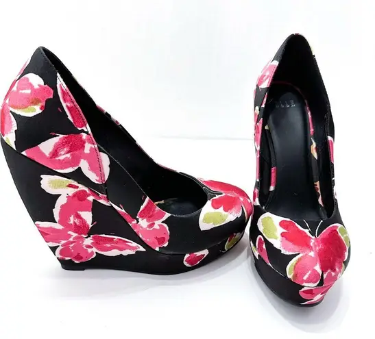 Elle “Jessica” Butterfly / Floral Black Pink Platform Y2K Wedge Heels - Size 8