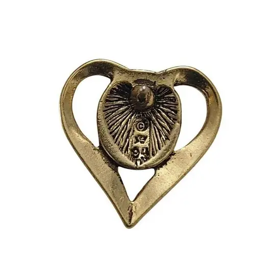 Vintage Lapel Pin Tie Tack Gold Flake Teal Tone Heart Pin Blue Goldstone Center