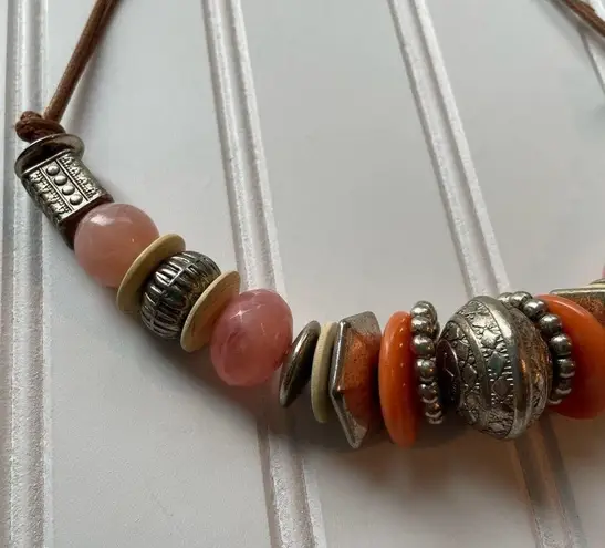 Beaded Necklace Chunky BOHO Leather Cord Orange Pink Gold Bougie Fashion Jewelry