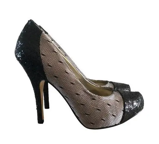 Lulu Townsend Black & Beige Mesh Glitter Stiletto Heels 6