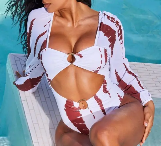 Ree Bees Chic White & Brown One Piece Swimsuit With Bold Cutouts