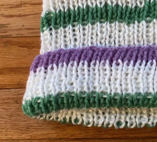 white green purple hand knit ribbed fisherman style beanie