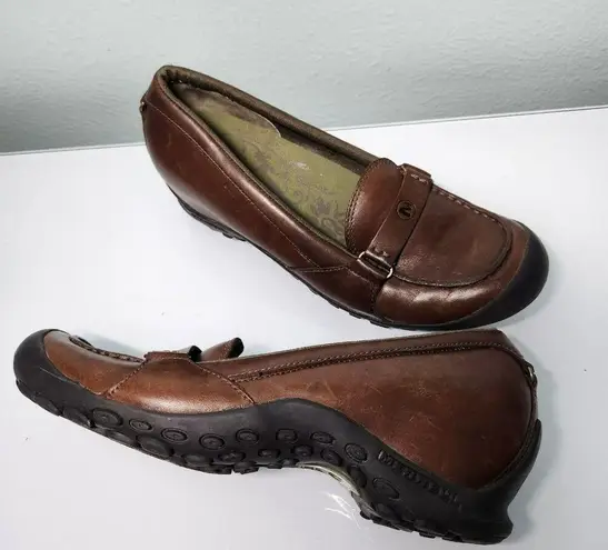 Merrell Plaza Glide Wedges Shoes 8 Saddle Brown Leather Driving Loafers Slip On