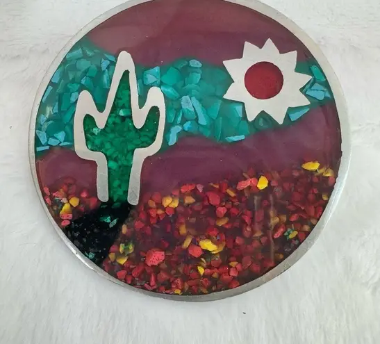 Ninibah Sterling Silver Resin Desert Scene Cactus Dangle Earrings and Pin Brooch