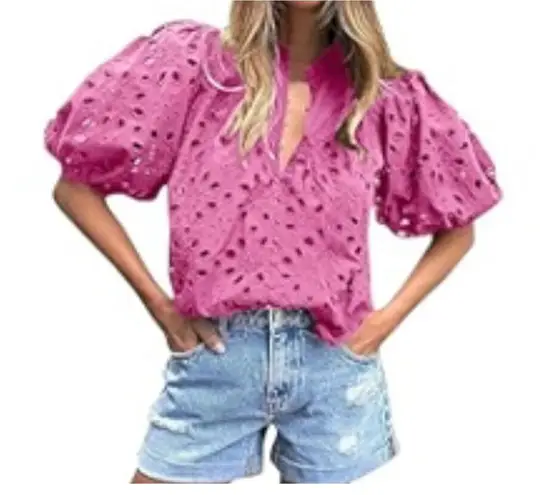 Pretty Garden pink cotton eyelet puff sleeve blouse large