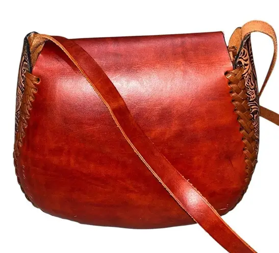 Hand Tooled Brown Leather Saddlebag Crossbody Purse
