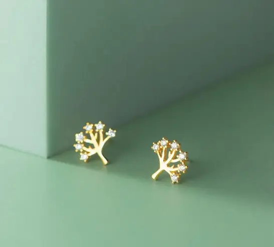 Small Tiny CZ Tree Stud Earrings for Women Gold