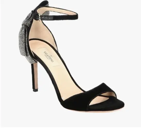 Valentino Garavani Valentino black velvet sparkle bow ankle strap sandal size IT 39.5 US 9.5 NEW