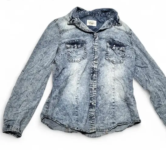 Ymi Y2K Women's acid wash denim button-down shirt pearl snaps blue size large
