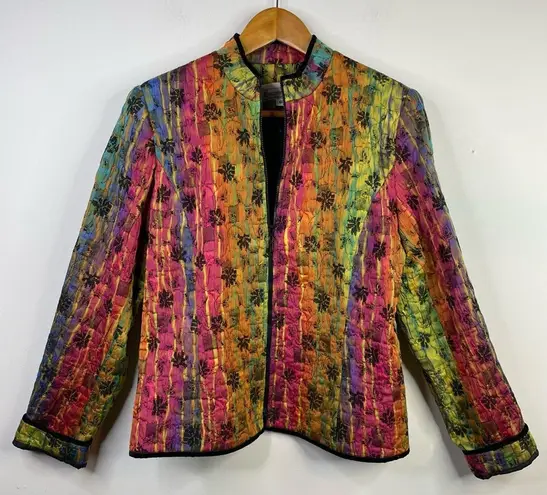 Vintage 80s Elliott Lauren Rainbow Boho Artsy Floral Quilted Zip Up Jacket 6 M Multiple