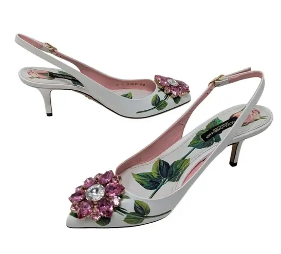 Dolce & Gabbana Jeweled Bellucci Floral Print Slingback Heels White and Pink 35