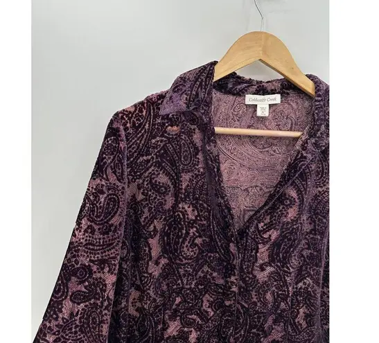 Coldwater Creek  Button Front Shirt Women PL Purple Velvet Burnout Witch Fairy