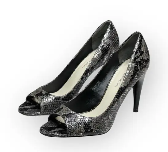 via spiga new Metallic Python Leather Peep Toe Heels Pumps Black Grey 8.5M