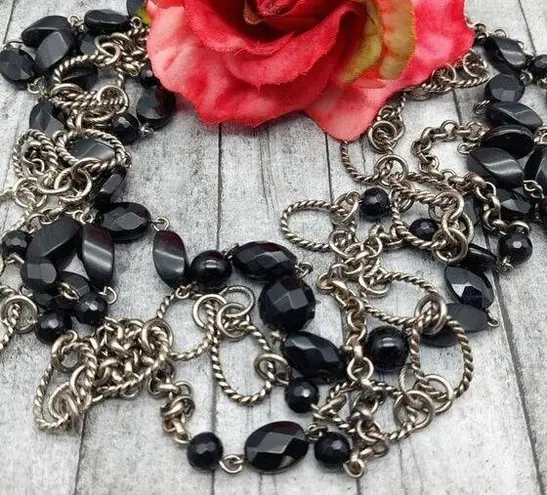 Silver Tone & Black Bead Twisted Multi Chain Statement Necklace Layer Adjustable