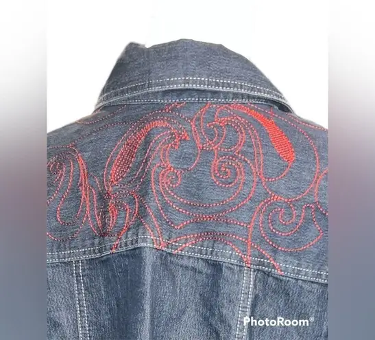 City Blues by Koret Dark Blue Button Down Jean Shirt W/Red Embroidery Size XL