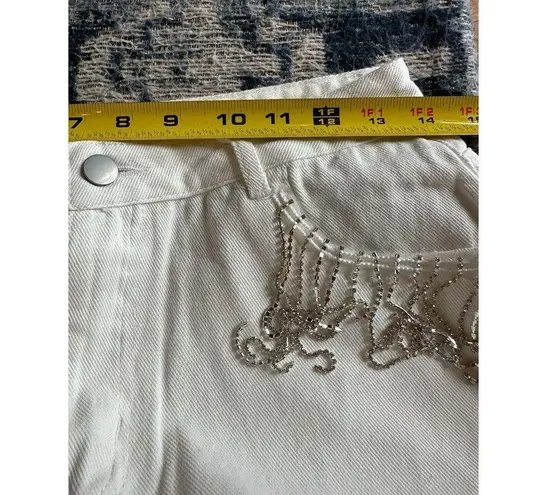 Cloud Ten White Denim Rhinestone Fringe Cuffed High Waisted Shorts Large NEW