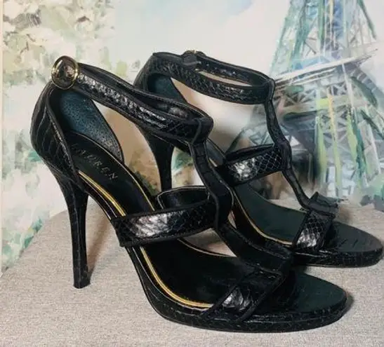 Ralph Lauren Black Leather Python Strappy Open Toe Heels size 10