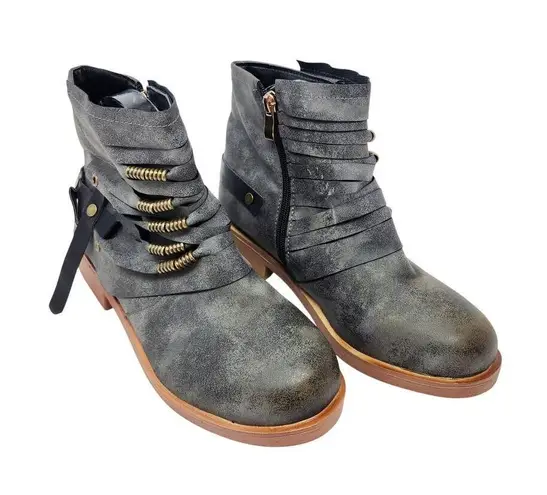 Retro Round Toe Ankle Combat Boots Faux Leather Side Zip Pull On Gray Size 41 Black