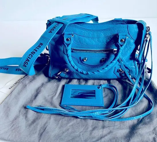 Balenciaga Metallic Edge Classic Mini City Crossbody Bag Blue Brand New
