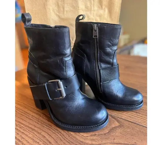 Allsaints Black Moto Shearling Fur Lined Boots Block Heels Chunky size 36 (US6)