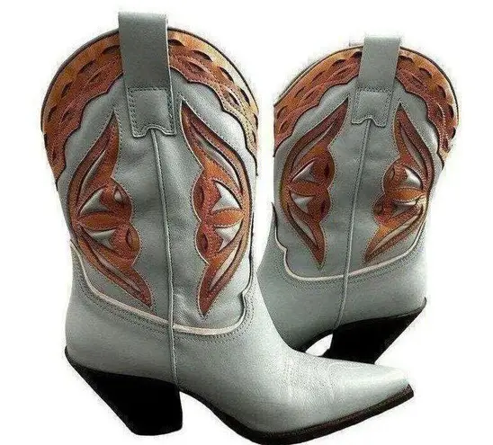 Toral Revolve Blue and Camel Leather Cowboy Pointed Toe Boots Womens Size 39