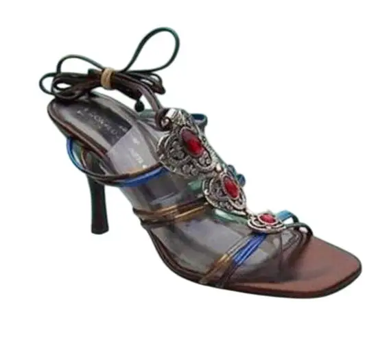 Donald Pliner Pewter Metallic Leather Strappy Shoe Sandal New Gem Stone $265 NWT Gray Size 8.5