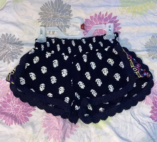 Patrons of Peace Flowing Lace Beach Shorts Size Small Navy Blue With Multicolored Sides