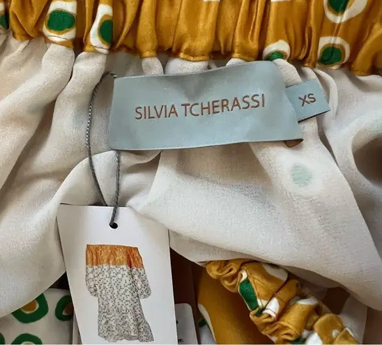 Silvia Tcherassi NEW NWT Tavira Silk Off The Shoulder Midi Dress Honey Green Dot
