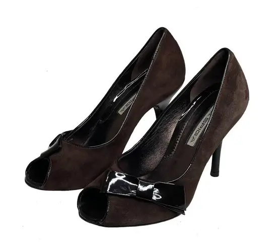 via spiga new β Peep Toe Stiletto Heels Pumps β Chocolate Suede + Patent Leather