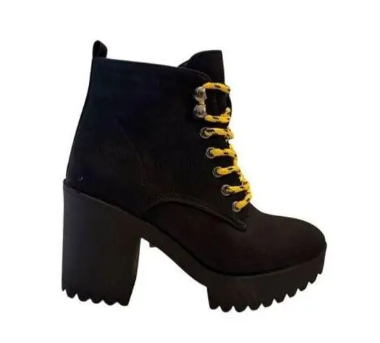 Seven7 Women's Black Ankle Boots Lug Platform Sole Yellow Laces Size 11